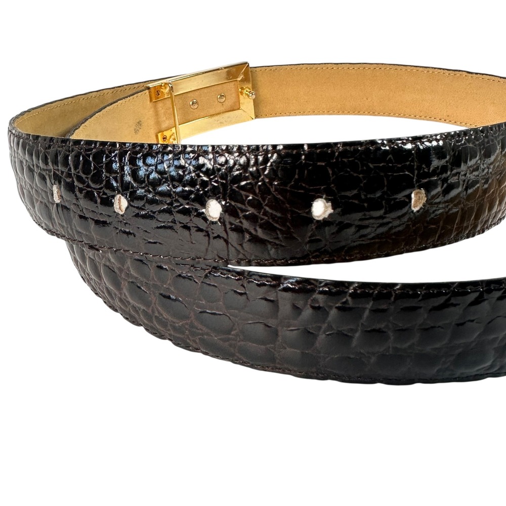 Renzo Paris‎ Mens Belt US 36-38 Croc Embossed Calfskin Black Gold Buckle France - Picture 4 of 7